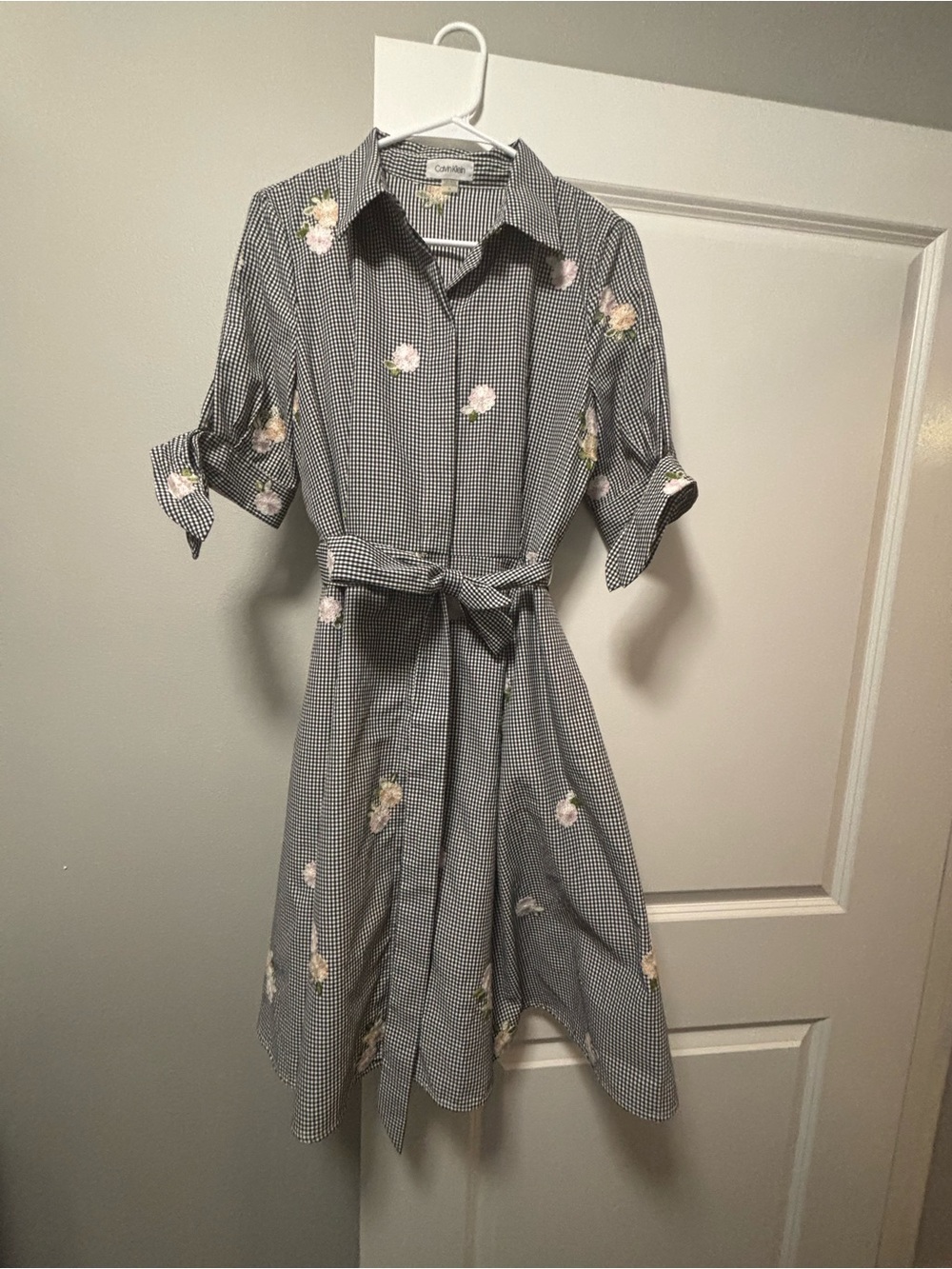 Calvin Klein Black & White Gingham Midi Shirt Dress with Pink Floral Embroidery